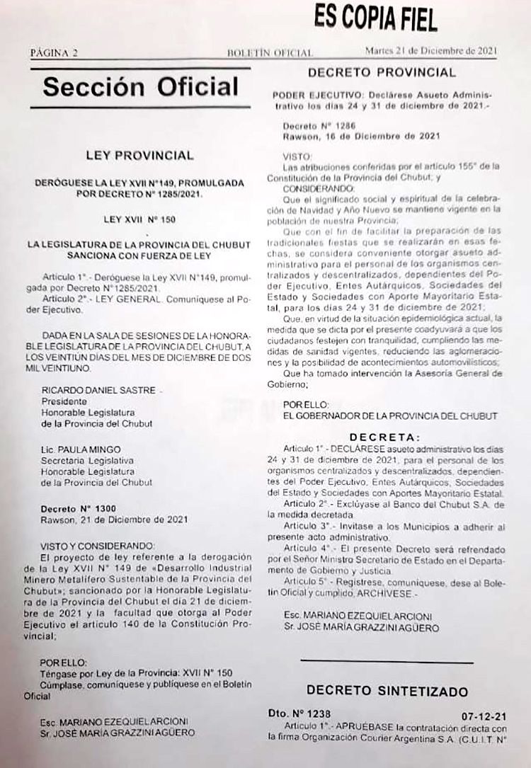 Arcioni promulgó la derogación de la Ley de zonificación minera