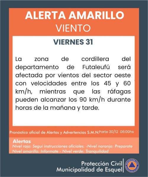 Anuncian alerta amarilla por viento para el último día del año