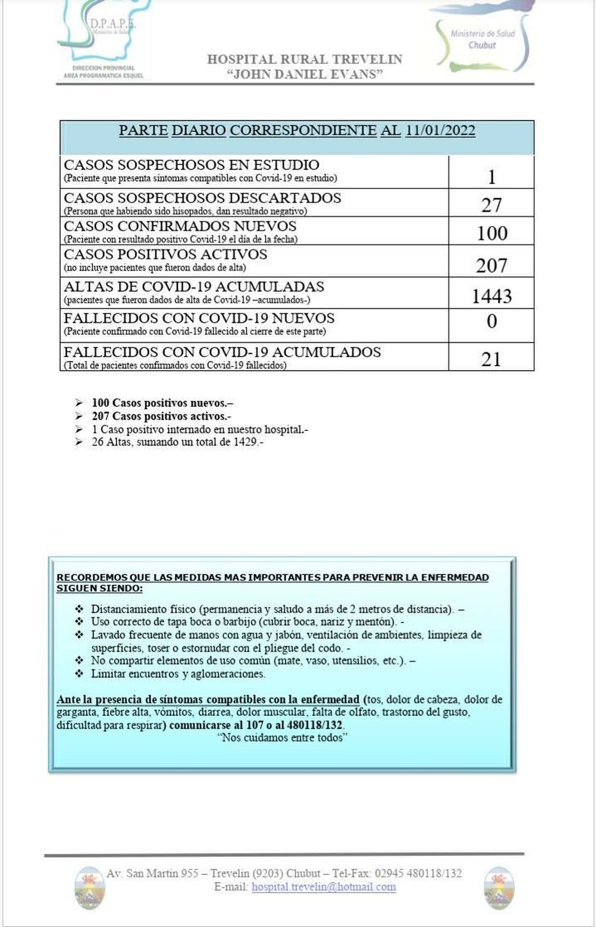 Trevelin y Lago Puelo informaron 100 casos nuevos de COVID por localidad