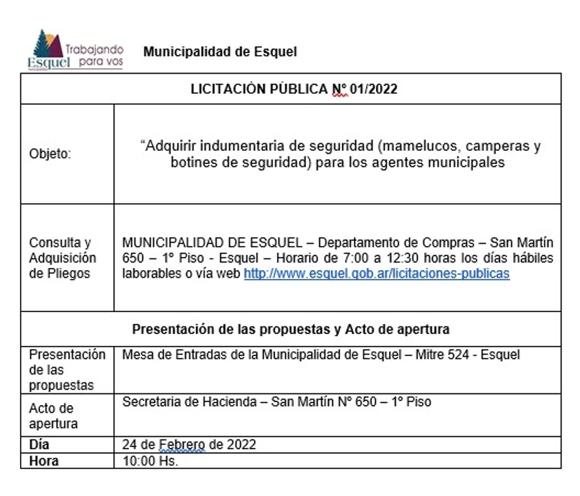 El Municipio de Esquel llama a licitación para la compra de indumentaria