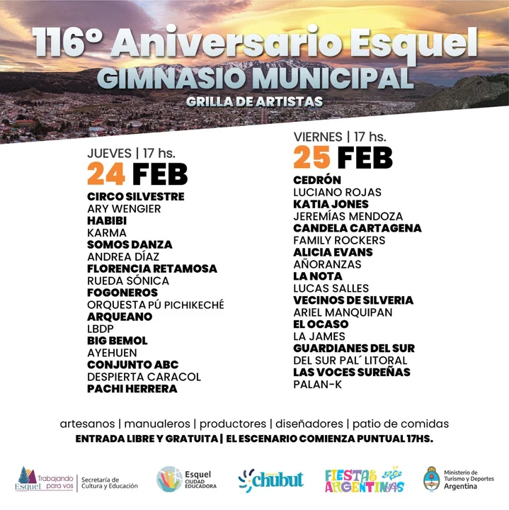 Aniversario de Esquel: la agenda para el 24 y el 25 de febrero