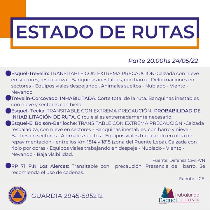 Solicitan transitar con extrema precaución en la ruta entre Esquel y Trevelin