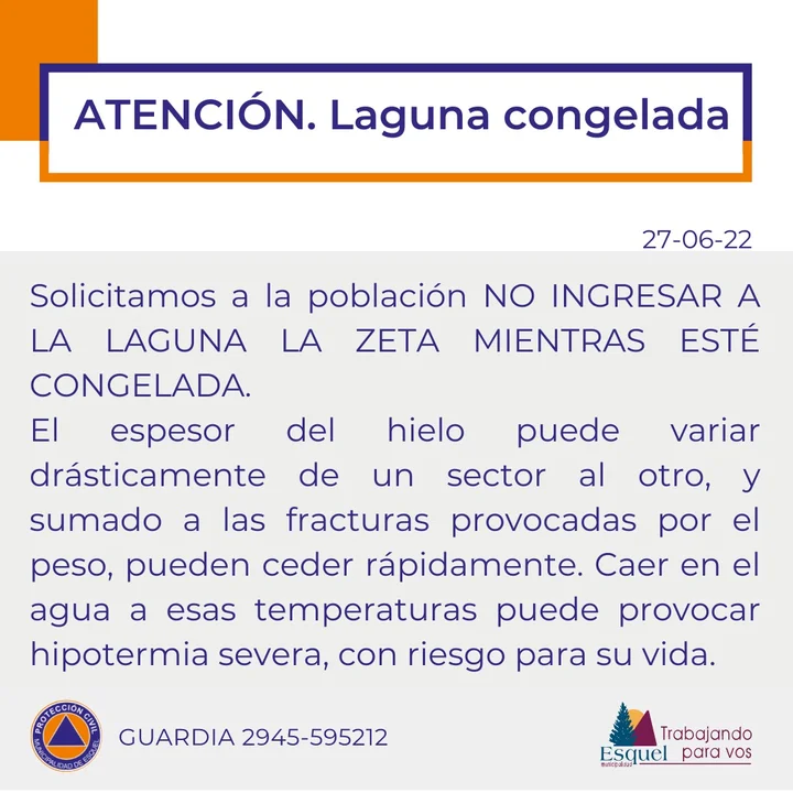 Atención: piden no acceder a la Laguna La Zeta mientras esté congelada