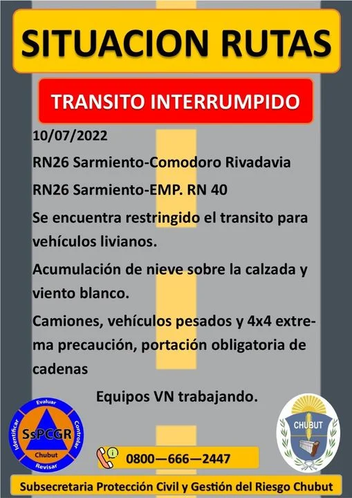 Nieve en las rutas: Interrumpieron el tránsito entre Río Mayo y Comodoro