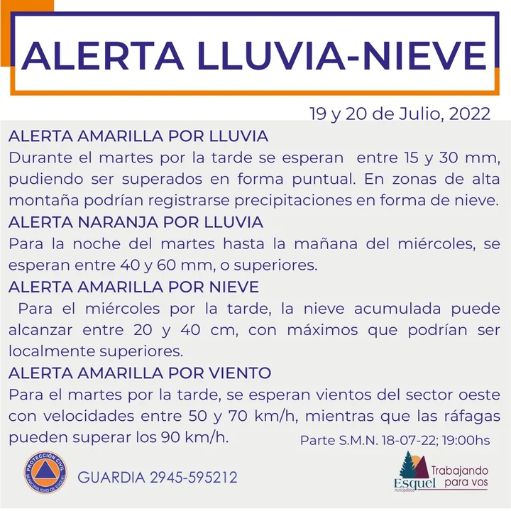 Anuncian alertas por lluvia y nieve en la zona noroeste de Chubut