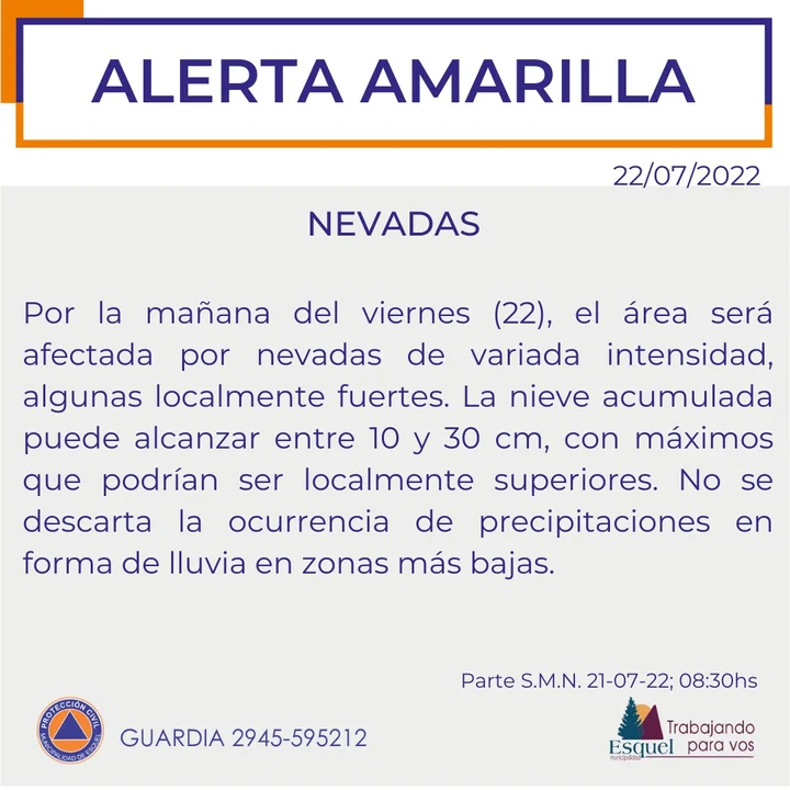Emiten un alerta amarilla por nevadas fuertes en Esquel