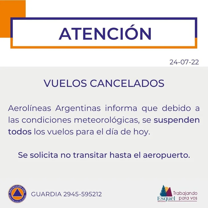 Cancelaron todos los vuelos para este domingo a Esquel