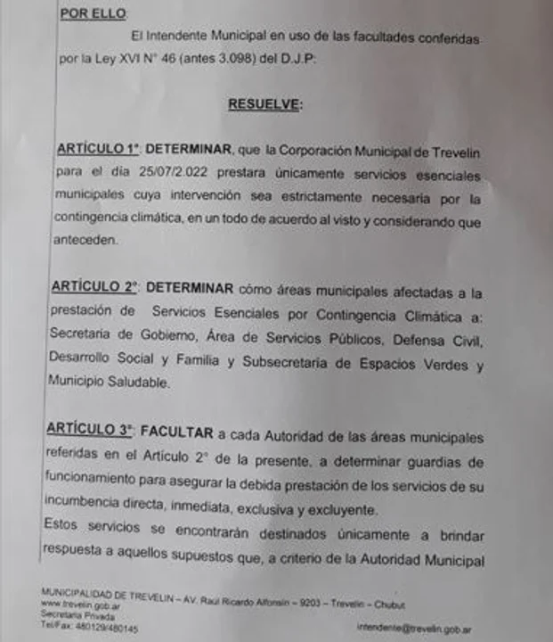 En la Municipalidad de Trevelin solo funcionarán los servicios esenciales este lunes