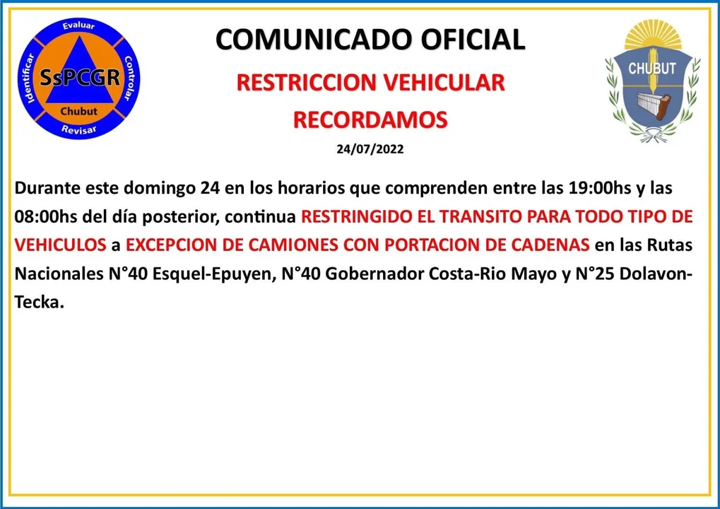 Continúa la restricción nocturna para circular en las rutas nacionales