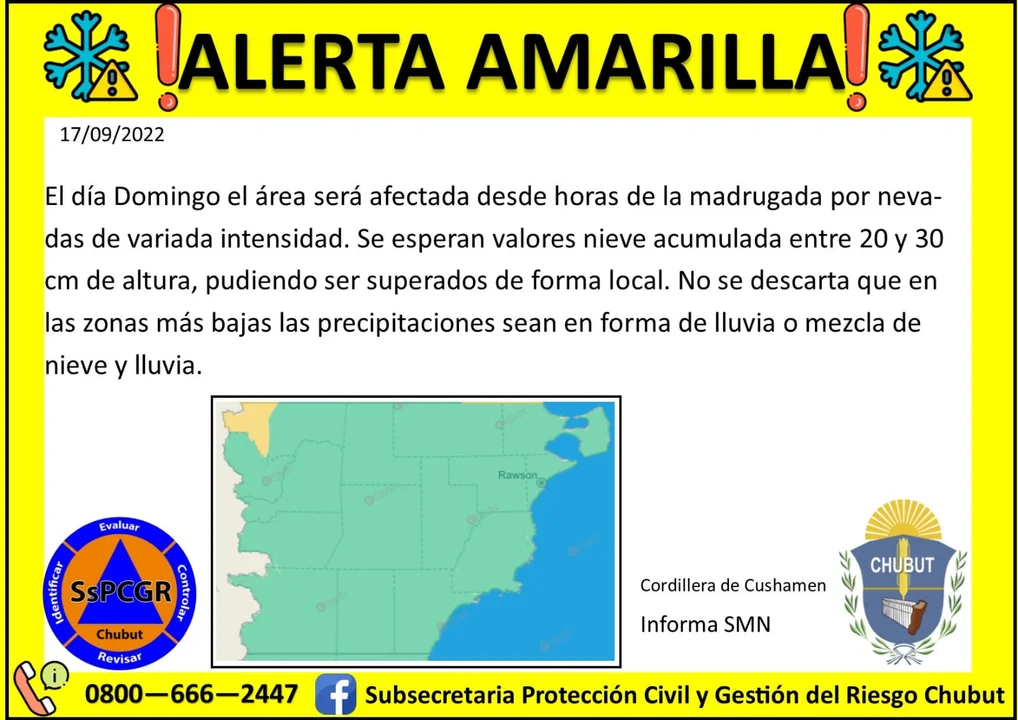 Emiten un Alerta Amarilla por nevadas para este domingo en Esquel