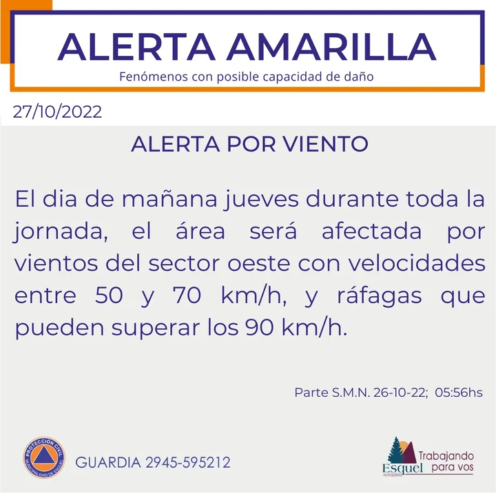 Emiten alerta naranja por viento para este jueves en Esquel