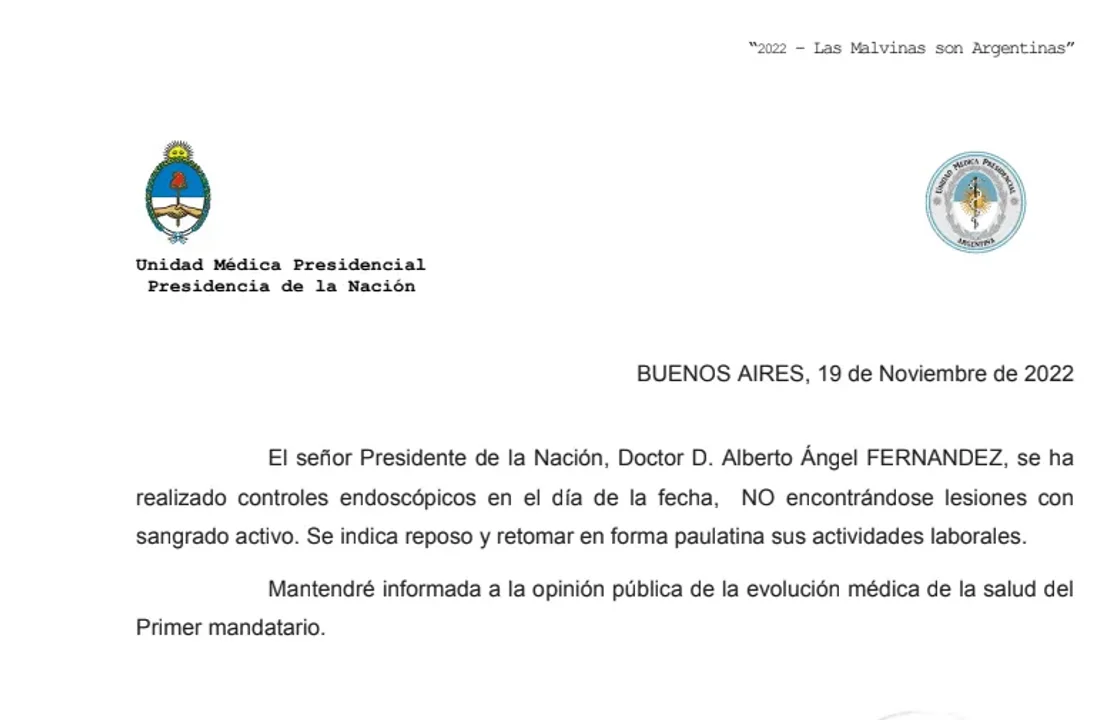 Los estudios a Alberto Fernández no revelaron lesiones, pero deberá hacer reposo