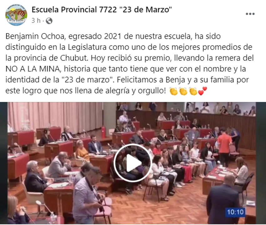 Egresado de la escuela "23 de Marzo" fue distinguido como uno de los mejores promedios de Chubut