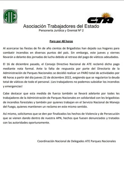 Brigadistas de Parques Nacionales iniciaron un paro de 48 horas