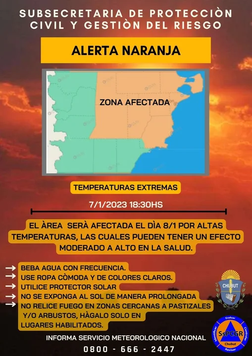 Alerta naranja por altas temperaturas en buena parte de Chubut