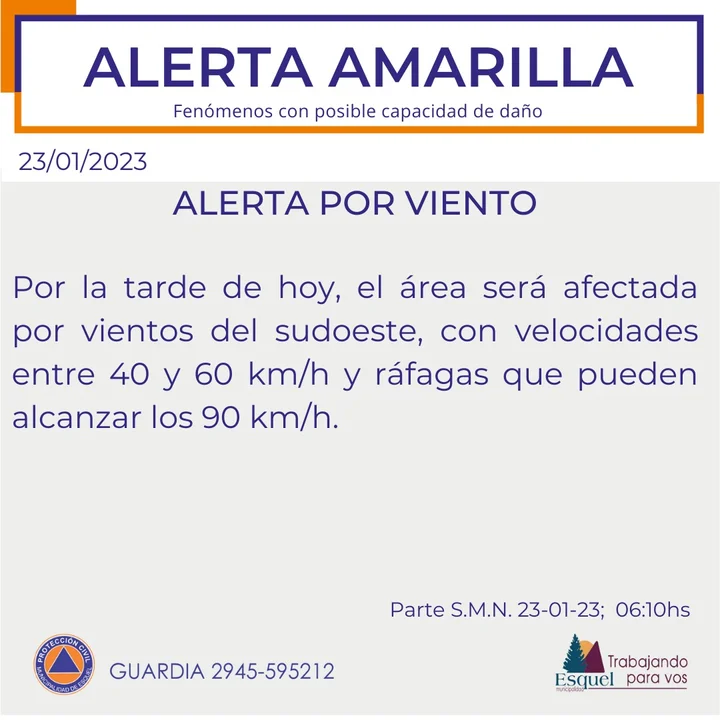 Atención: Alerta Amarilla por fuertes vientos en Esquel
