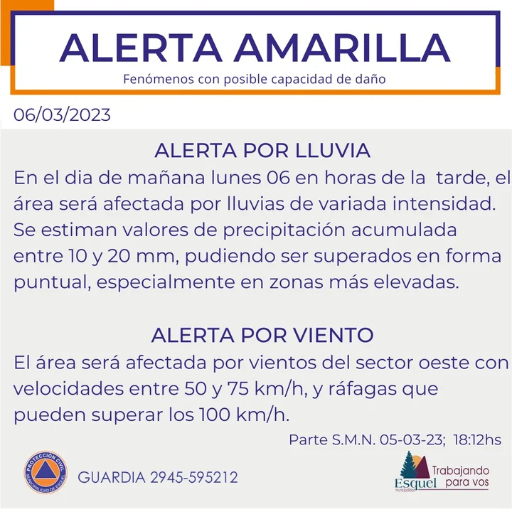 Alerta amarilla por lluvias y vientos que podrían alcanzar los 100km/h