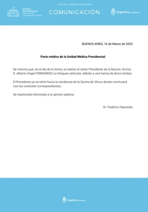 Alberto Fernández fue operado por una hernia de disco y permanecerá en reposo
