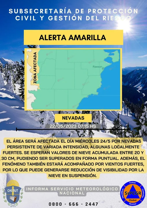 Alerta Amarilla por nevadas y vientos fuertes en la Cordillera de Chubut