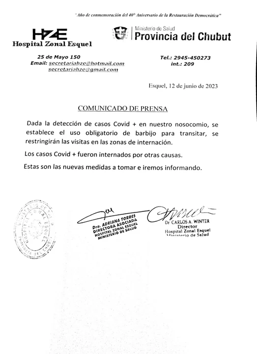 Detectaron casos de COVID en el Hospital de Esquel y solicitan medidas de prevención