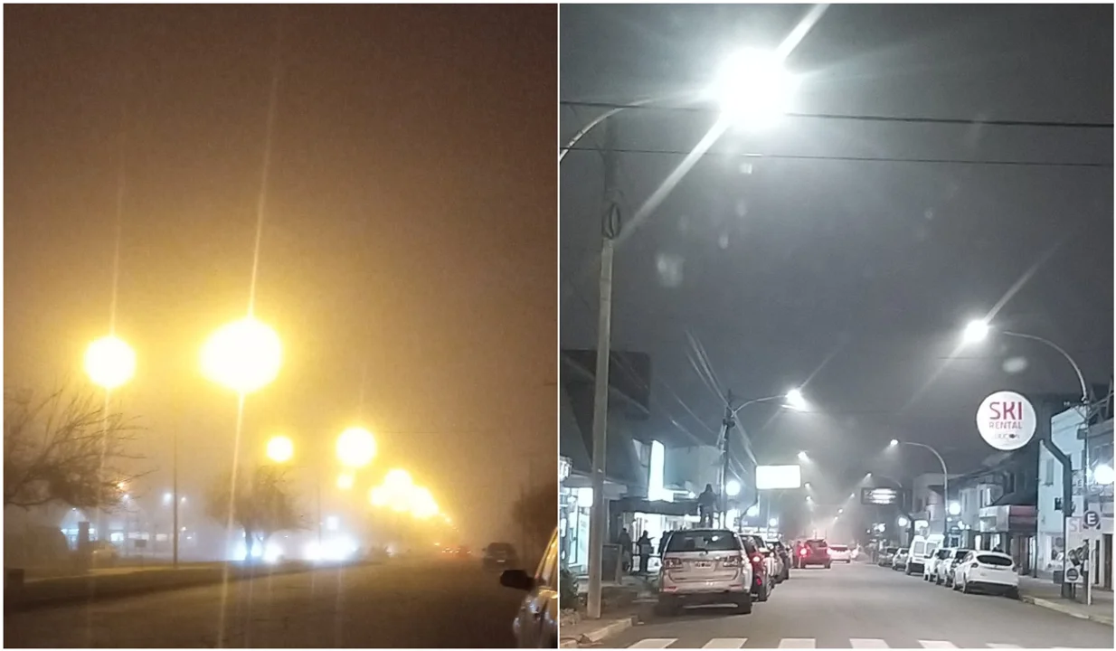 Diferencia entre el alumbrado tradicional y con luces led en una noche con niebla.