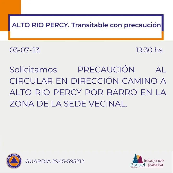 Solicitan precaución al transitar por la ruta a Alto Río Percy