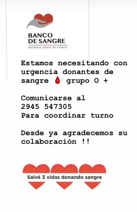 El Banco de Sangre convoca con urgencia donantes voluntarios