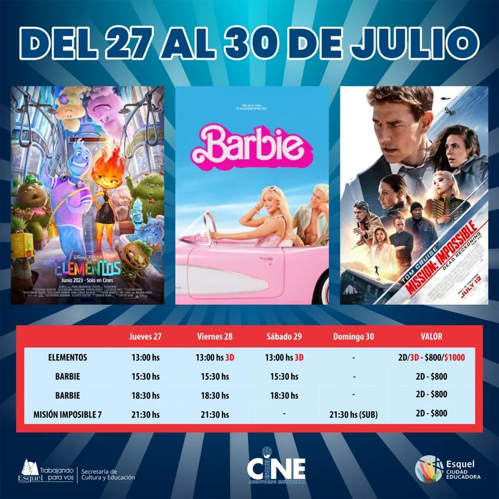 Disfrutá de "Elementos", "Barbie" y "Misión Imposible 7" en el Cine Municipal