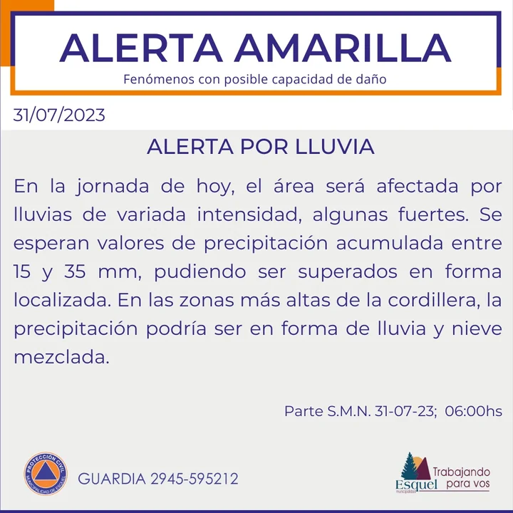 Rige un alerta amarilla por lluvias fuertes en Esquel