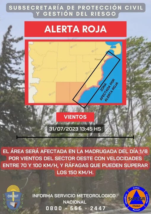 Alerta por vientos fuertes para este martes en Chubut