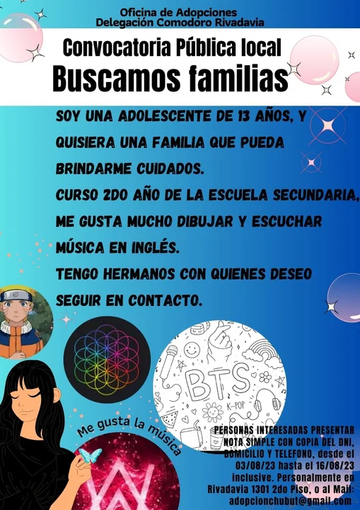 Buscan familias para adoptar a una adolescente de 13 años