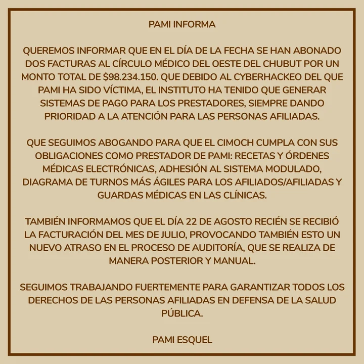 PAMI pagó al Círculo Médico las facturas adeudadas