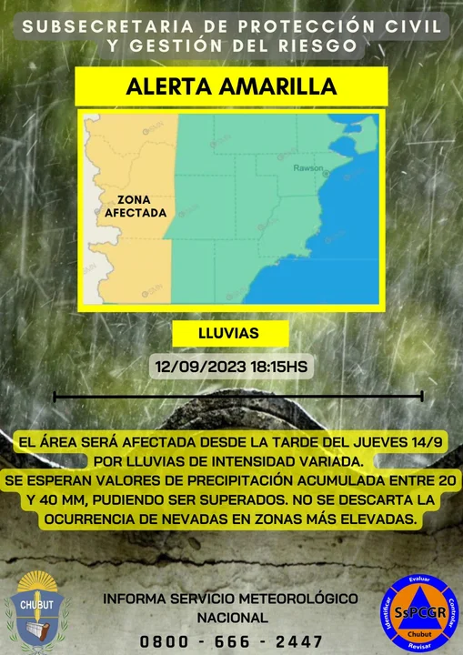 Rige un alerta amarilla por lluvias fuertes en Esquel