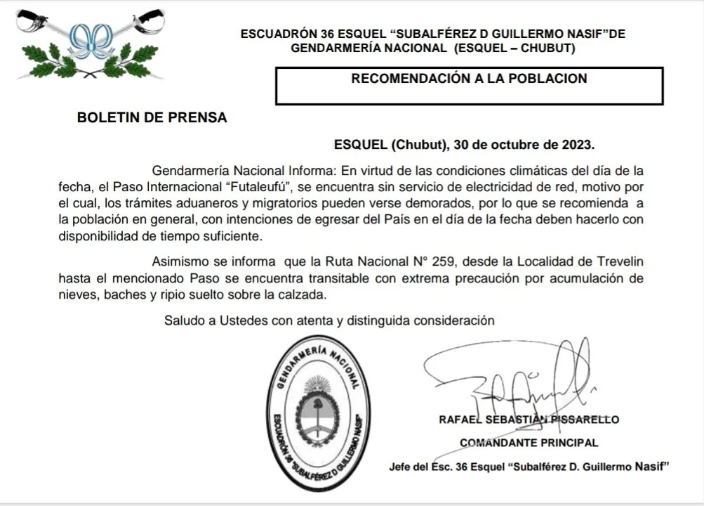 Demoras para realizar trámites en el Paso Internacional Futaleufú por falta de energía