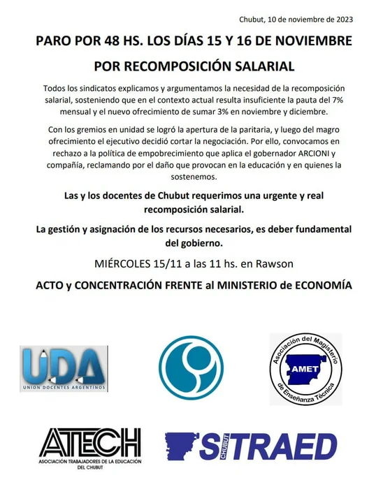 Comienza el paro de gremios estatales por 48 horas en Chubut