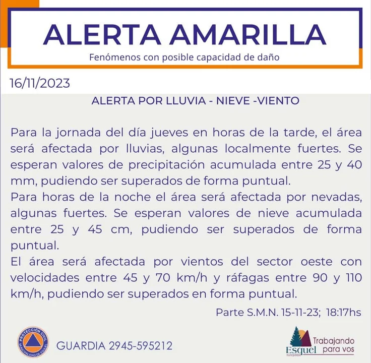 Rige un alerta amarilla por lluvias y viento en Esquel y la cordillera