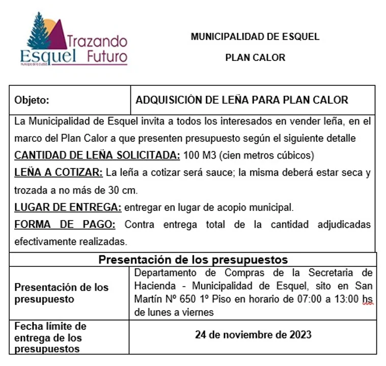 El Municipio de Esquel convoca a interesados en vender leña