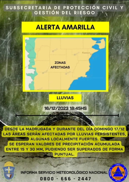 Alerta amarilla por lluvia intensa en gran parte de Chubut