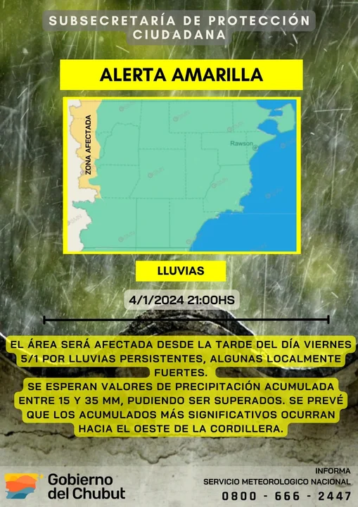 Alerta Amarilla por lluvias en Esquel y zona cordillerana de Chubut