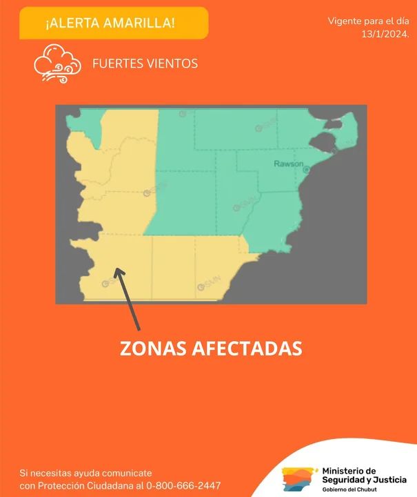 Emiten alerta amarilla por vientos fuertes en la cordillera de Chubut
