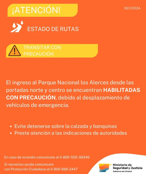 Se encuentran habilitadas con precaución las portadas de ingreso al Parque Los Alerces