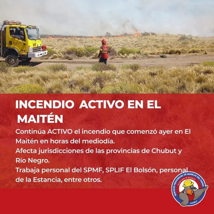 Continúa activo el incendio en la zona de El Maitén que ya afectó 950 hectáreas