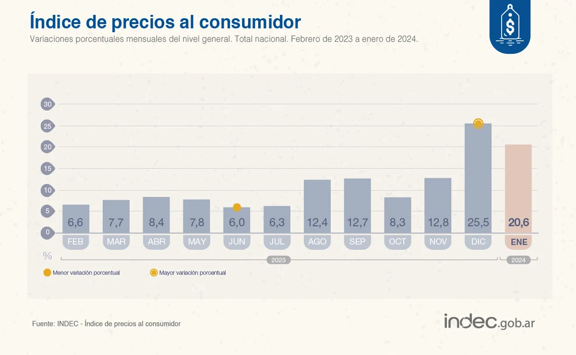 La inflación de enero fue de 20,6% y alcanzó el 254,2% interanual