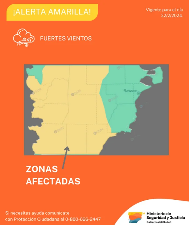Alerta amarilla por vientos fuertes para este jueves en Chubut