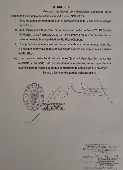 El intendente de Río Pico denunció a Movistar por el corte de servicio