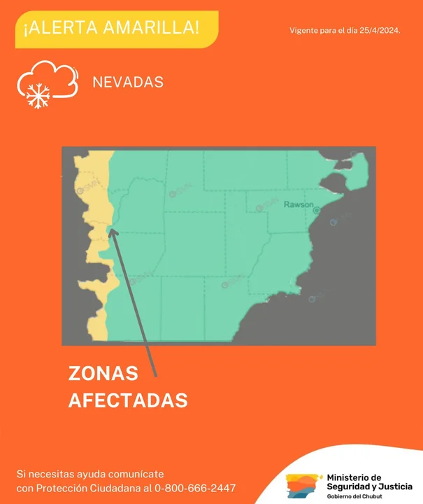Alerta Amarilla por nevadas para las zonas de cordillera de Chubut