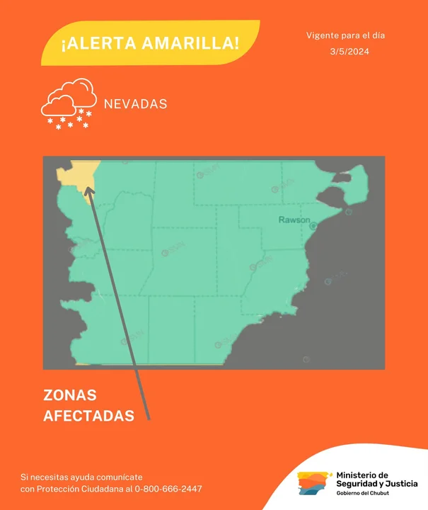 Se mantiene la Alerta Amarilla por nevadas en parte de la Cordillera de Chubut