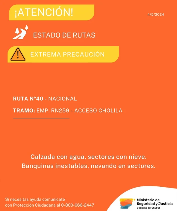 Precaución al circular entre Esquel y Epuyén por calzada con agua y escarcha en sectores