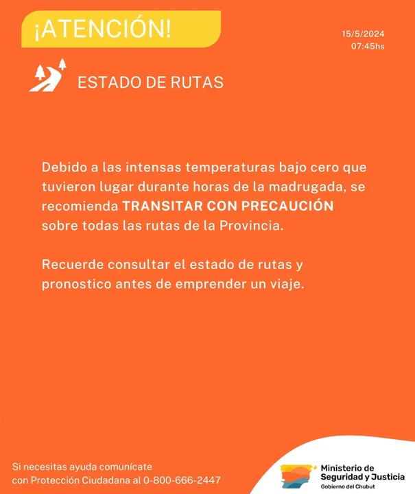 Tras las intensas heladas, recomiendan circular con precaución en las rutas de la provincia