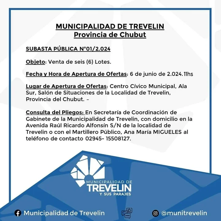 La Municipalidad de Trevelin realiza la subasta pública de 6 lotes